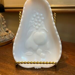 White decorative pear shaped milk glass dish